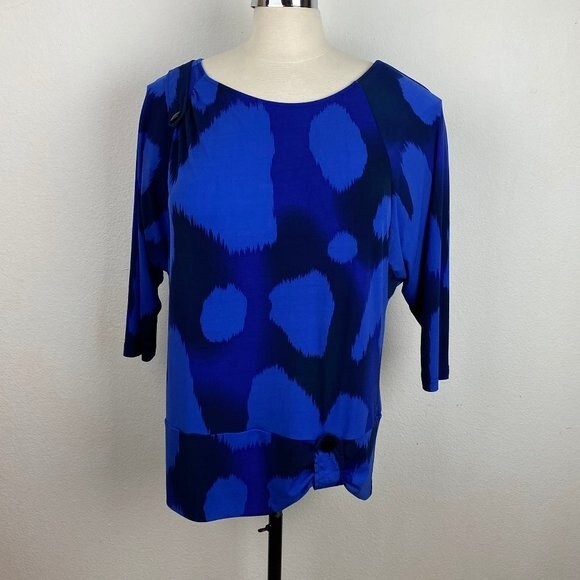 Blue Size 2X - 3X Pullover Stretch Knit Blouse Top 3/4 Sleeves Scoop Neckline - Picture 1 of 7